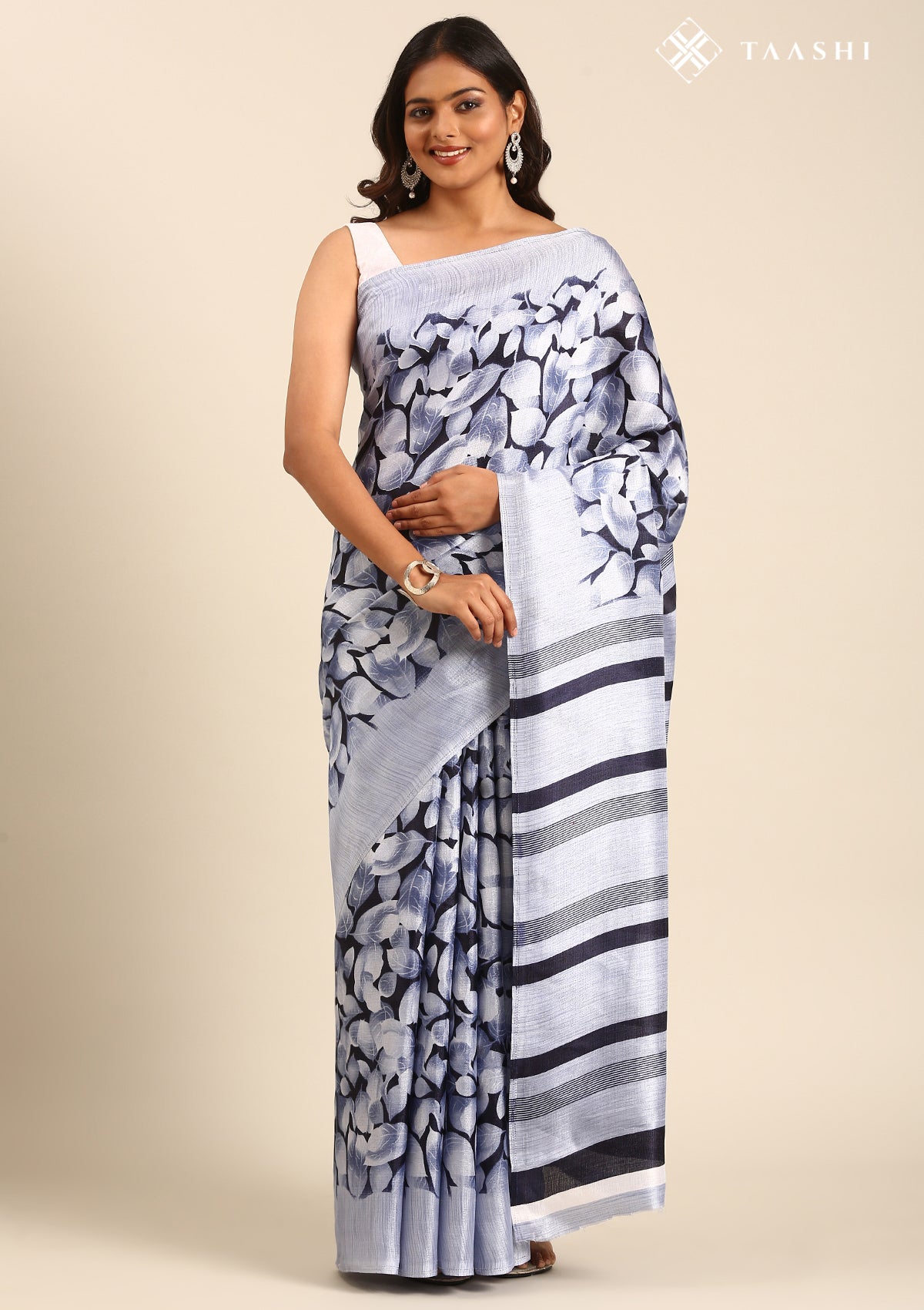 Navy Blue Floral Printed Art Tussar Matka Silk Saree