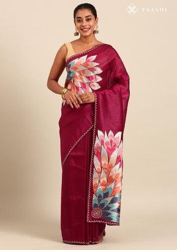 Plum Placement Embroidered Tissue Saree