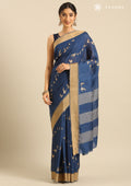 Navy Blue Bird Printed Tussar Saree - Taashi