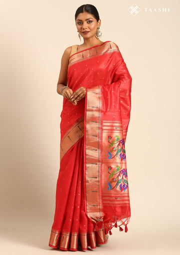 Red Tussar Paithani Woven Saree