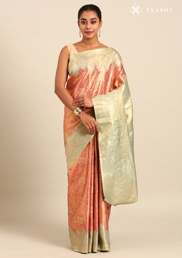Turquoise and Orange Floral Pattern Tissue Brocade Kanchipuram Saree