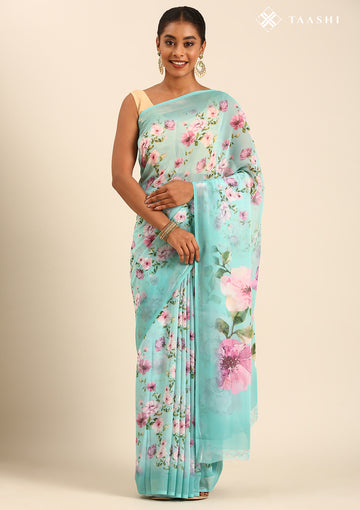 Sky Blue Floral Printed Georgette Saree
