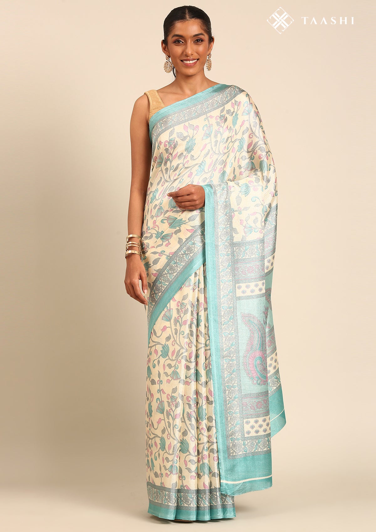 Cream And Teal Jaal Floral Printed Art Tussar Matka Silk Saree