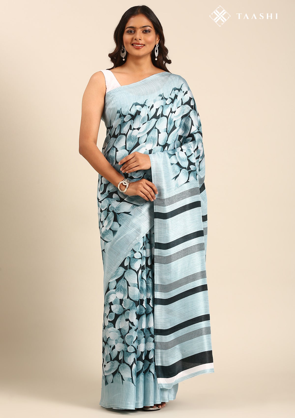 Teal Green Floral Printed Art Tussar Matka Silk Saree