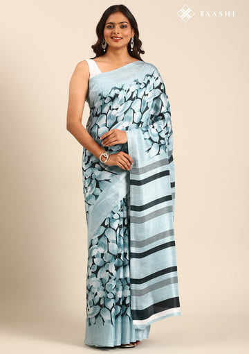 Teal Green Floral Printed Art Tussar Matka Silk Saree