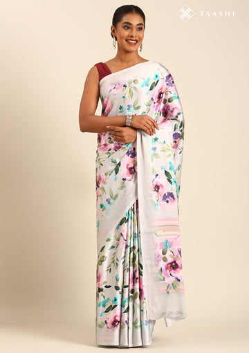 Light Grey Satin Contemporary Printed Saree