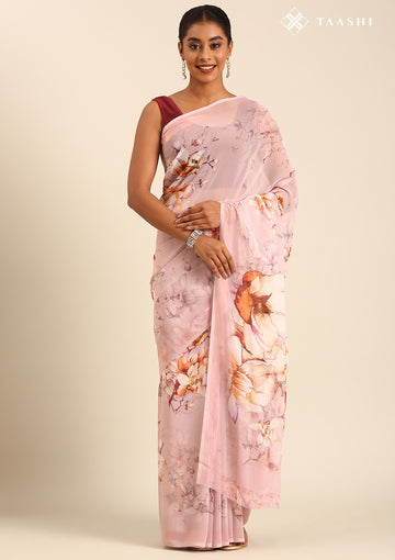 Pastel Pink Watercolor Floral Printed Georgette Saree