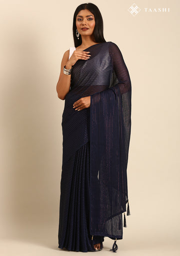 Navy Blue Striped Chiffon Saree