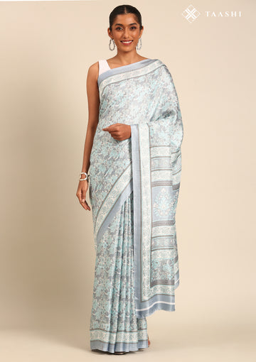 Blue A/O Floral Printed Art Tussar Matka Silk Saree