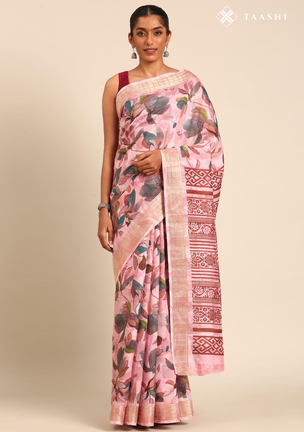 Pastel Pink Watercolor Floral Printed Tussar Saree