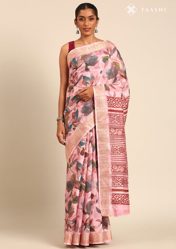 Pastel Pink Watercolor Floral Printed Tussar Saree