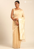 Cream Traditional Temple Pattern Tussar Saree - Taashi