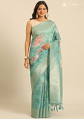 Pastel Green Floral Printed Zari Woven Organza Saree - Taashi