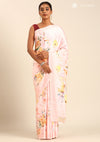 Pastel Blush Pink Satin Contemporary Printed Saree