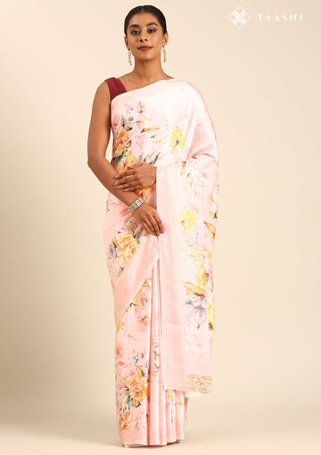 Pastel Blush Pink Satin Contemporary Printed Saree