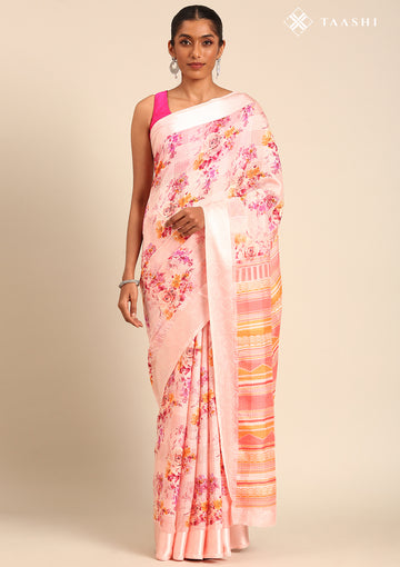 Pastel Pink Watercolor Floral Printed And Plaids Woven Linen Saree