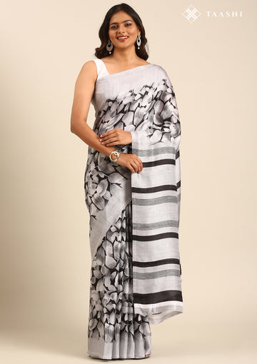 Grey Floral Printed Art Tussar Matka Silk Saree