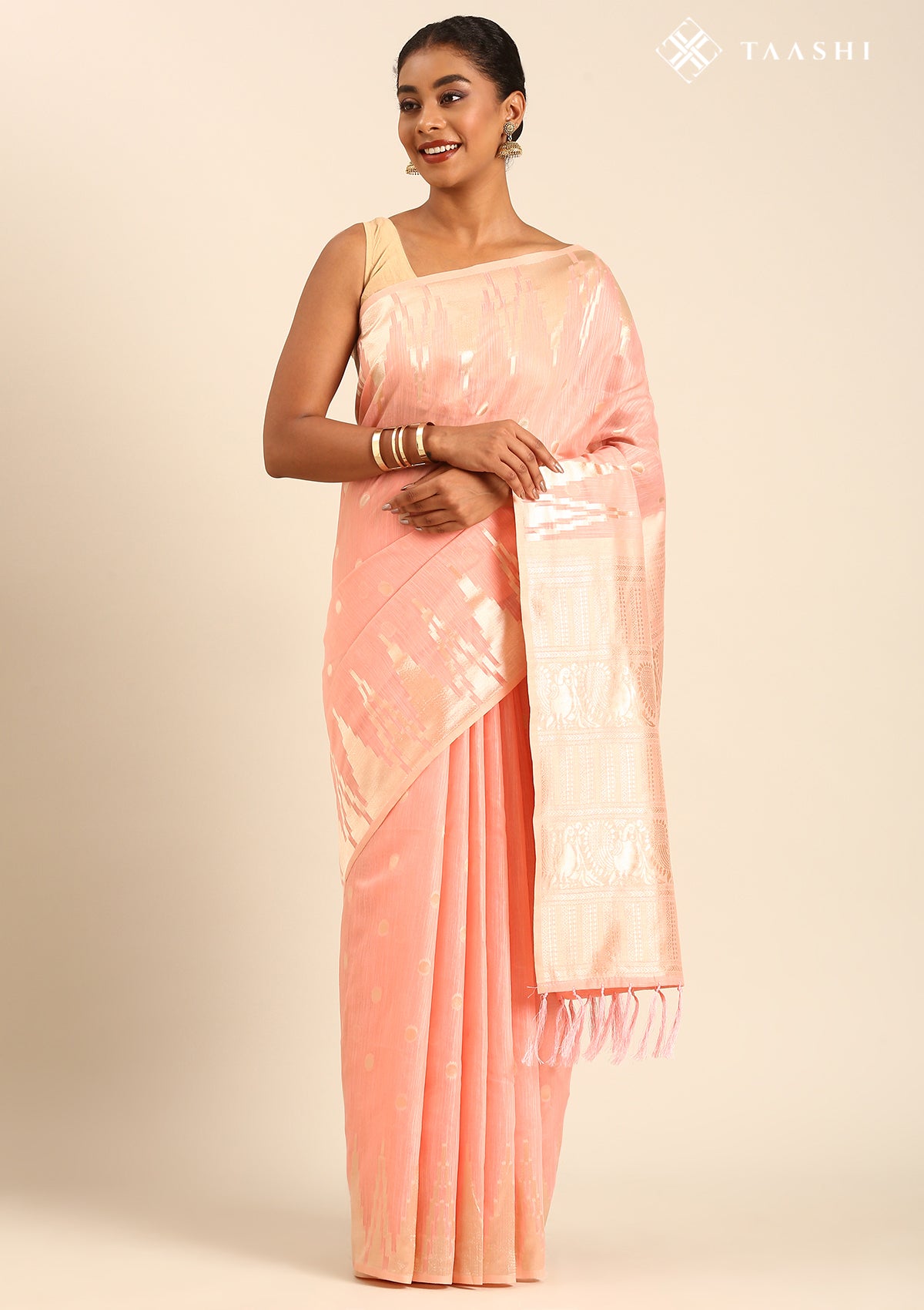 Pastel Peach Traditional Temple Pattern Tussar Saree