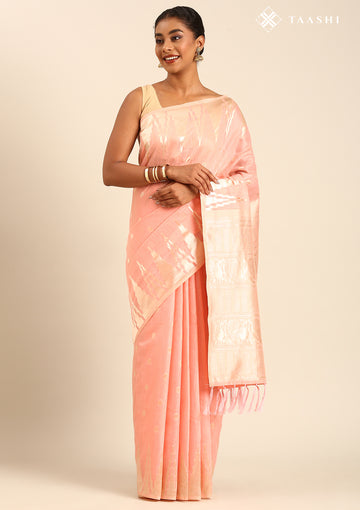 Pastel Peach Traditional Temple Pattern Tussar Saree