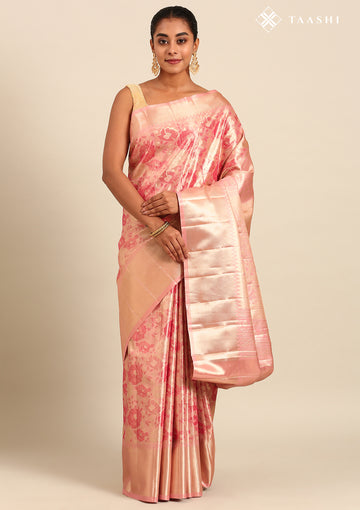 Pink and Golden Floral Pattern Tissue Brocade Kanchipuram Saree