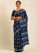 Indigo Batik Tree Butta Printed Cotton Saree - Taashi