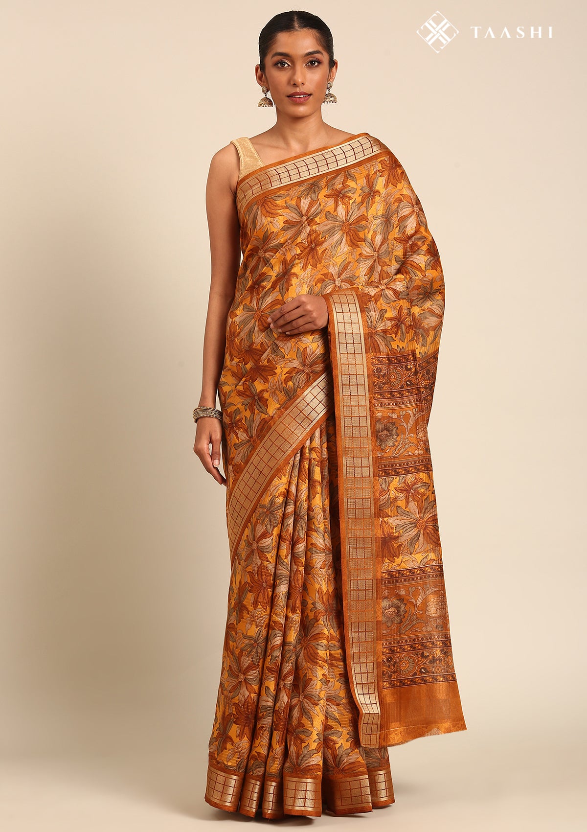 Mustard Yellow A/O Floral Printed Tussar Saree