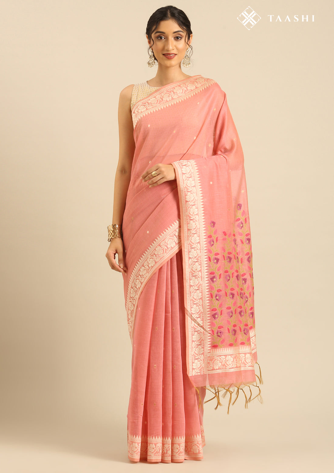 Pink Woven Butta Linen Saree