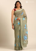 Dusty Green Floral Digital Printed Georgette Saree - Taashi