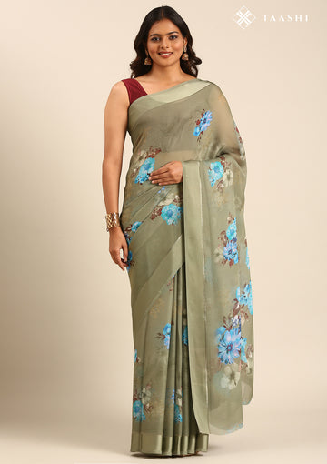 Dusty Green Floral Digital Printed Georgette Saree