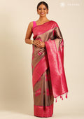 Charcoal Grey Tissue Brocade Weaving Silk Saree - Taashi