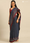 Indigo And Maroon Ajrakh Printed Cotton Saree - Taashi
