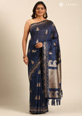 Navy Blue Zari Floral Butta Tussar Saree - Taashi
