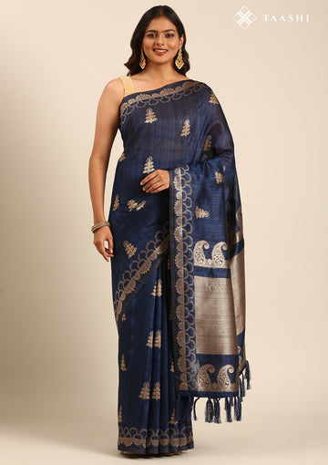 Navy Blue Zari Floral Butta Tussar Saree