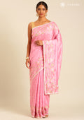 Pink Floral Embroiderd Linen Saree - Taashi