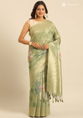 Sage Green Floral Printed Zari Woven Organza Saree - Taashi