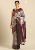 Dusty Blue Floral Tissue Brocade Silk Saree - Taashi