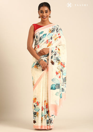 Cream Contemporary Printed Crepe Saree