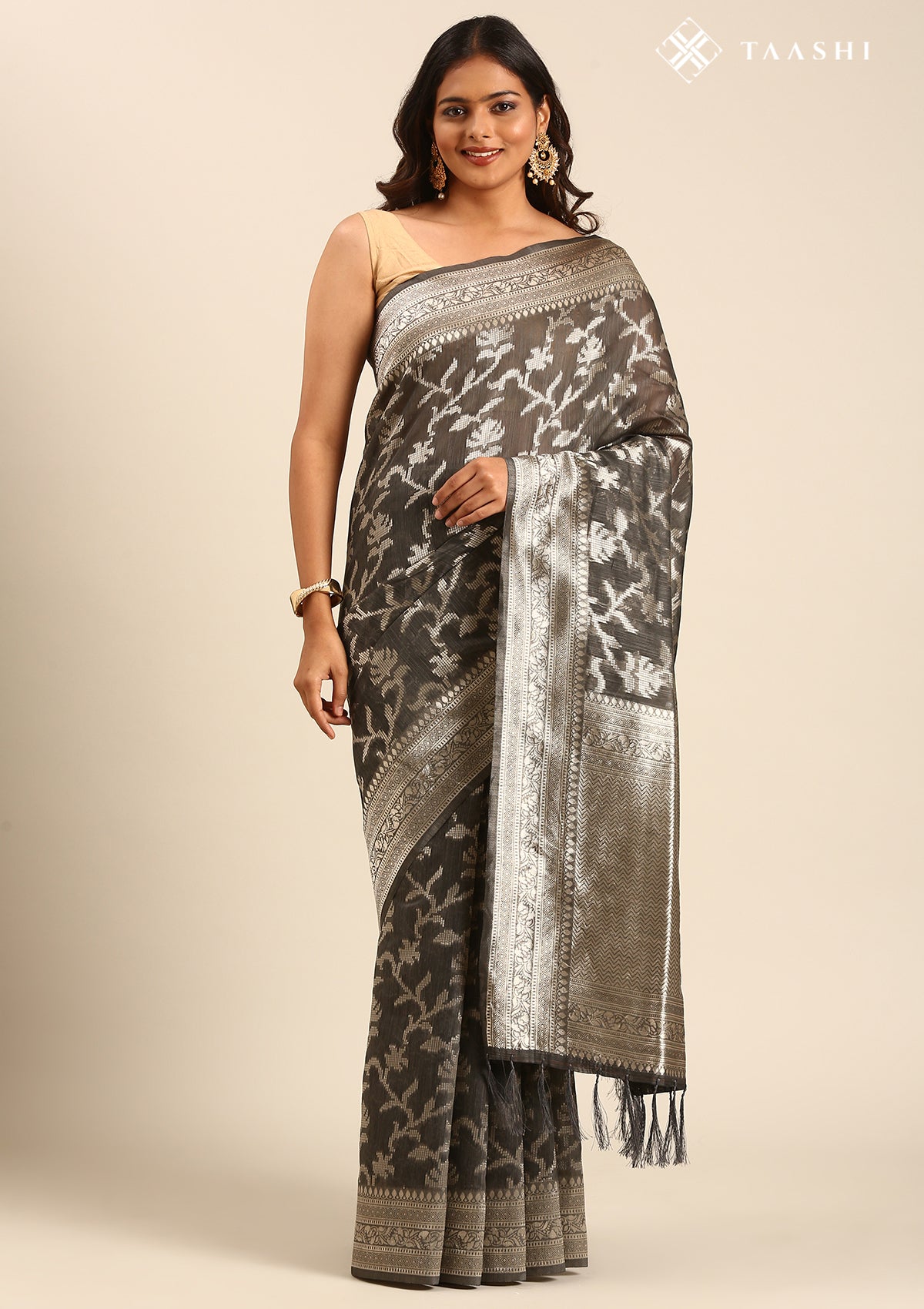 Slate Grey Jaal Woven Tussar Saree