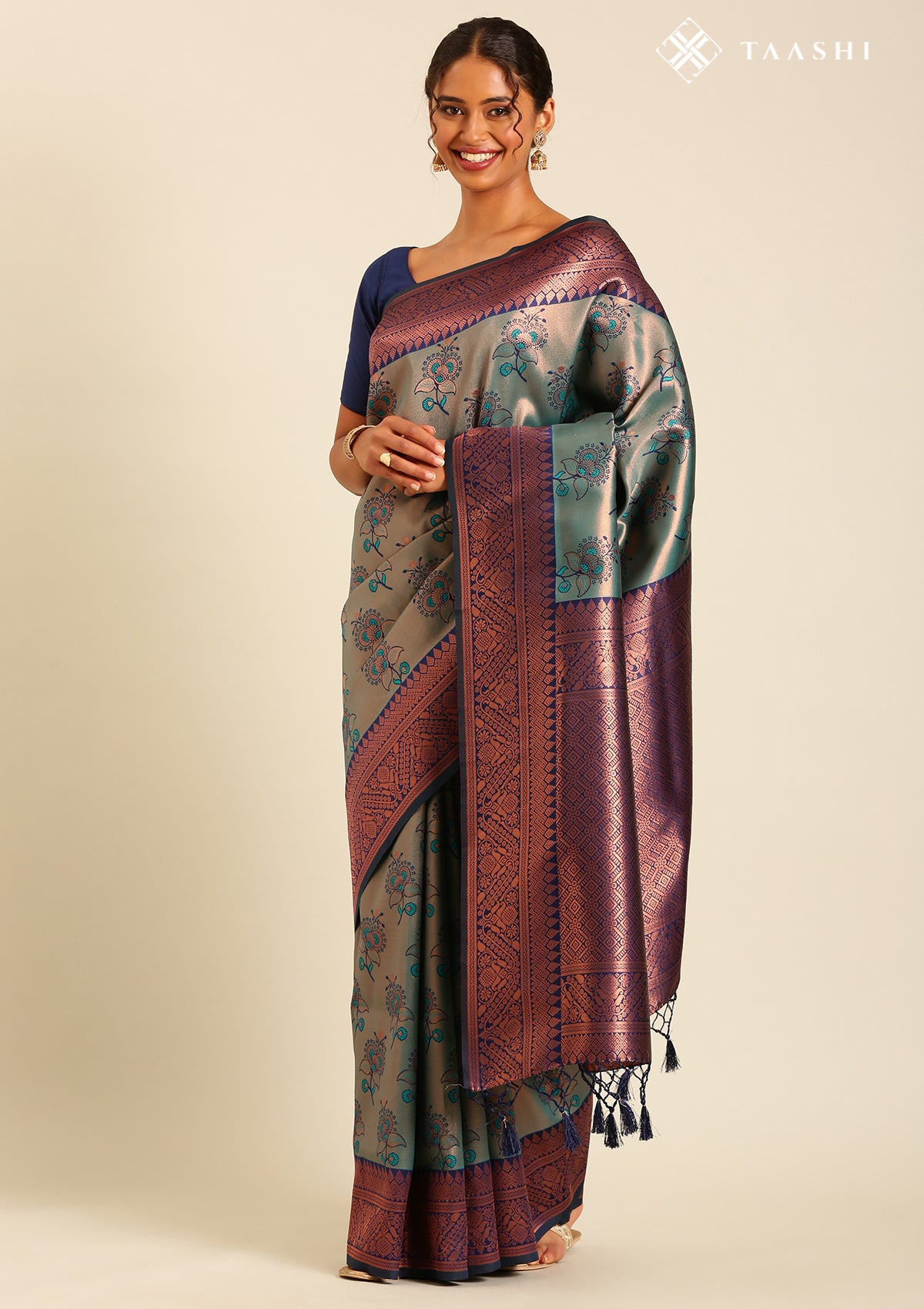Green Saree With Gold Floral
