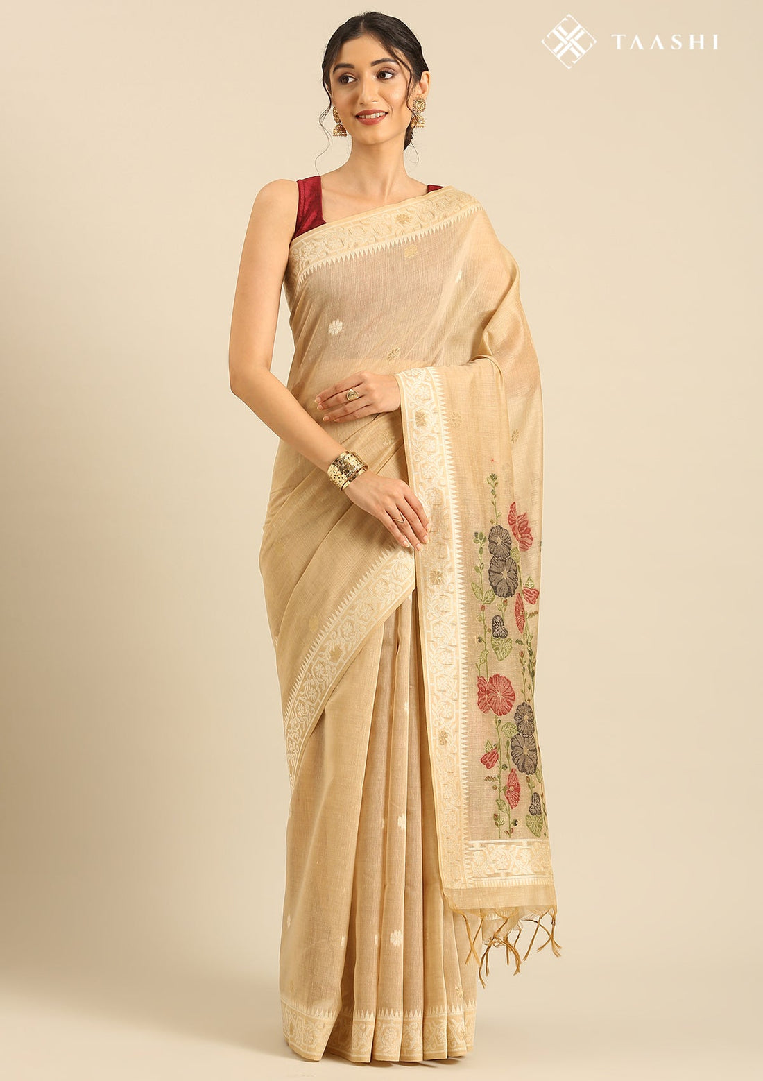 Beige Linen Woven Saree