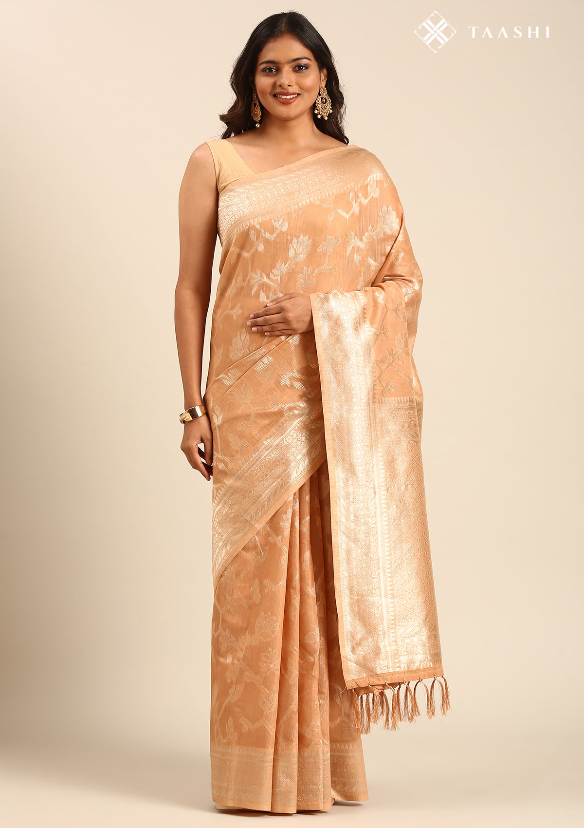 Peach Floral Woven Tussar Saree