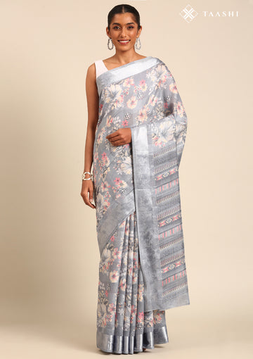 Grey A/O Floral Printed Plaids Woven Line Saree