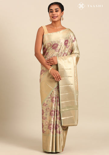 Cream and Mauve Floral Pattern Tissue Brocade Kanchipuram Saree