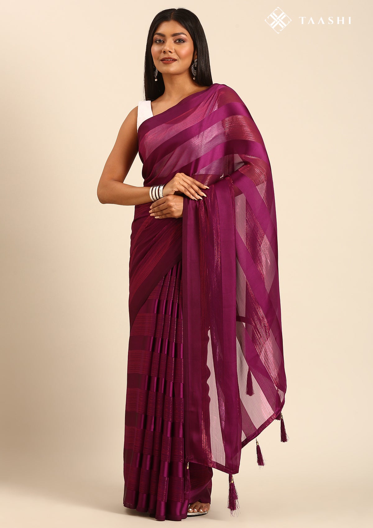 Purple Striped Chiffon Saree