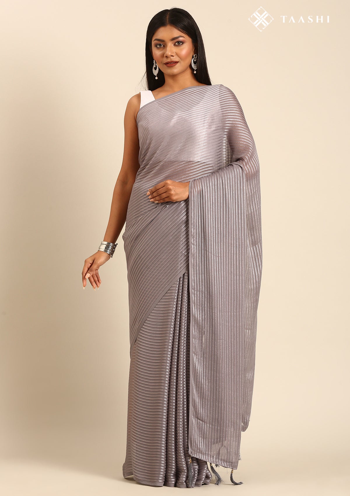 Grey Striped Chiffon Saree