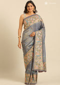 Metallic Dusty Blue Nature InspiRed Embroiderd Tissue Saree - Taashi
