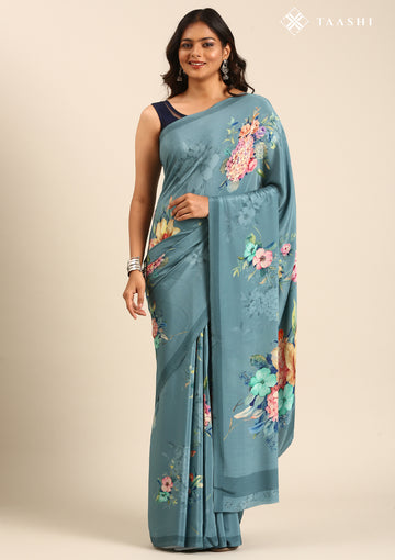 Dusty Powder Blue Floral Digital Printed Crepe Saree