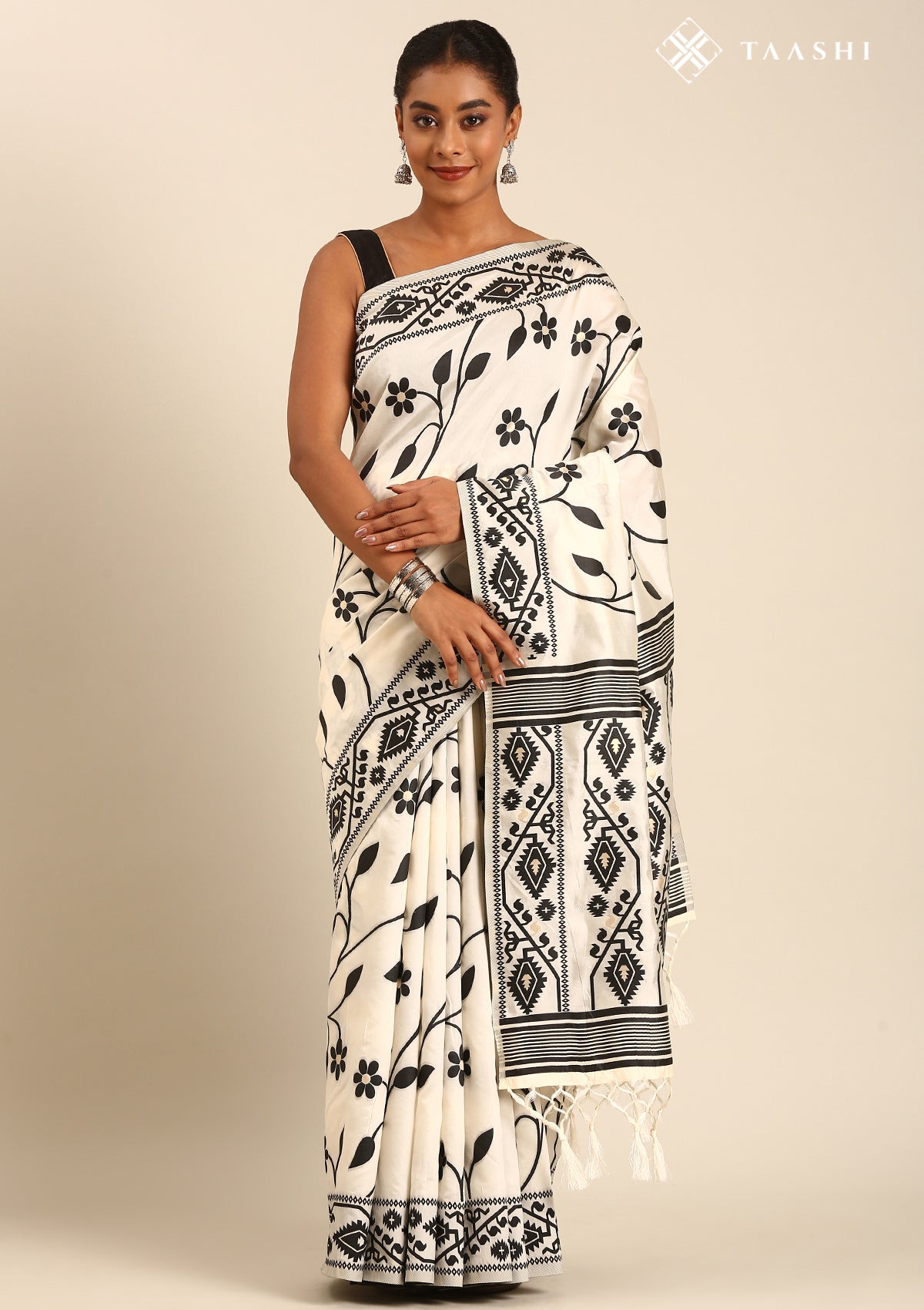 Cream And Black Floral And Tribal Pattern Woven Tussar Saree