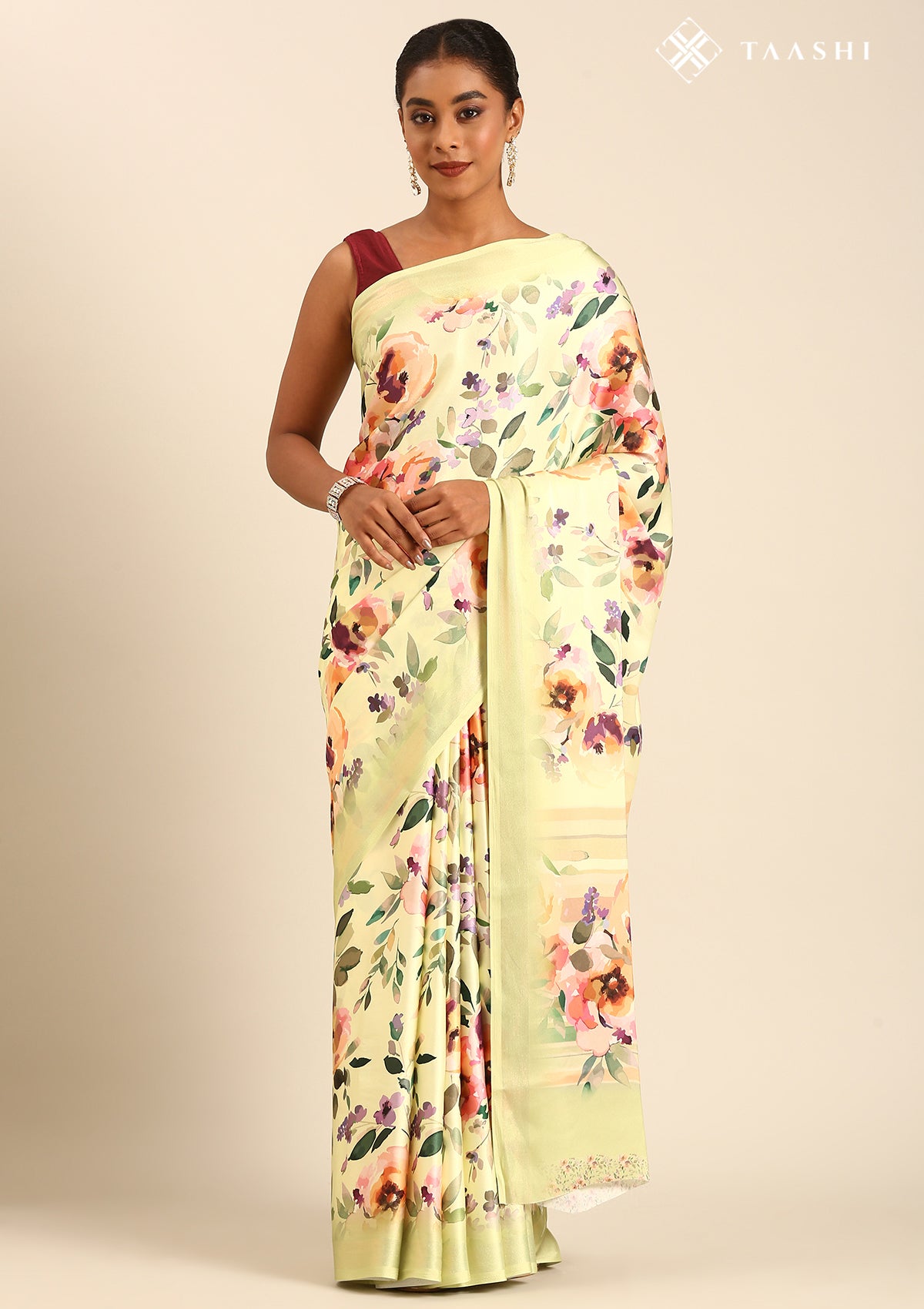 Pista Green A/O Floral Printed Satin Saree