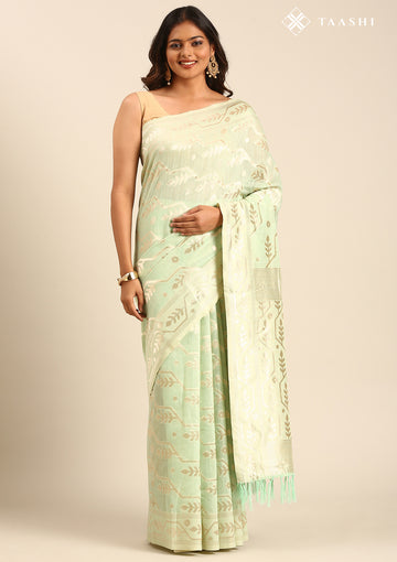 Pastel Green Geometric Floral Woven Tussar Saree
